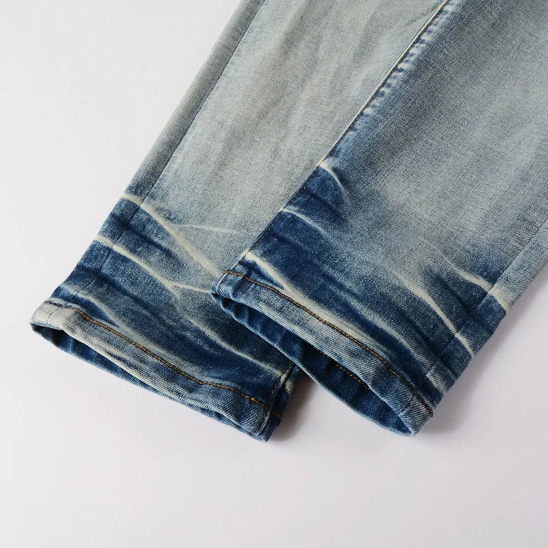 High Stretch Denim Pants Holes Ripped Distressed Trousers Skinny Jeans Men's