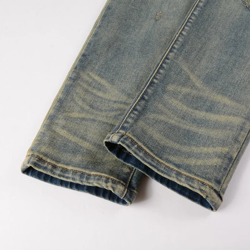 Men Cracked Patch Stretch Denim Jeans Streetwear