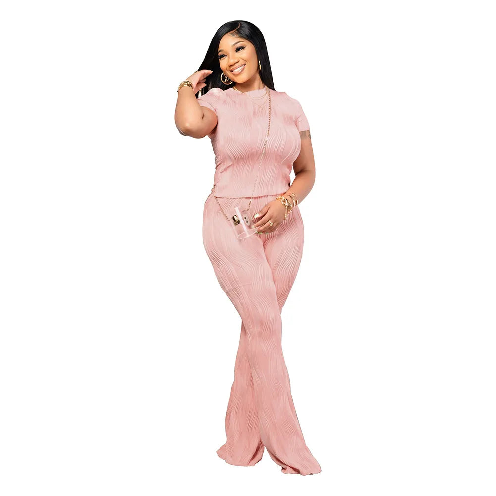 CM.YAYA Women's Set Knitted Ribbon O-neck Short Sleeve T-shirt and Pants Suits Street Sweatsuit Two 2 Piece Set Outfit Tracksuit