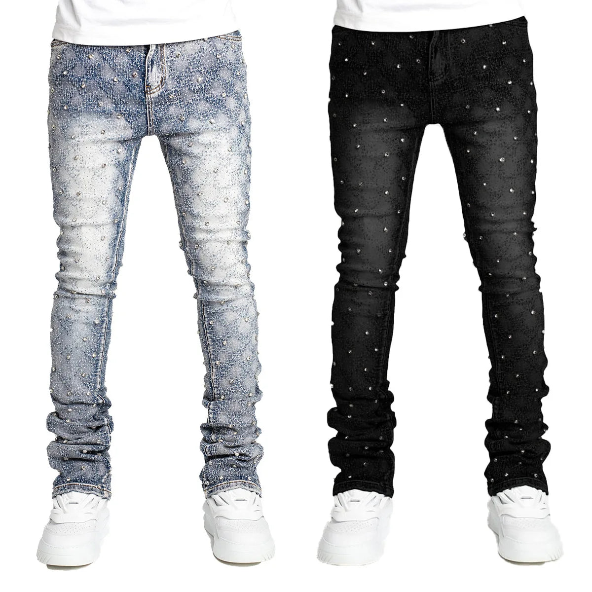 Hip hop High Street Designer Stacked Jeans For Men Slim Fit Stretchy Pearls Designer Jeans