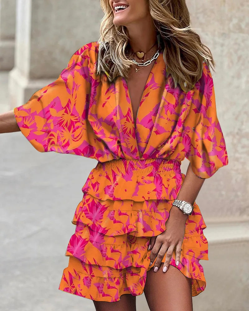 Autumn Dress for Women Batwing Sleeve V-neck irregular hem Beach Sundress leaf Print Casual A Line Mini Dress