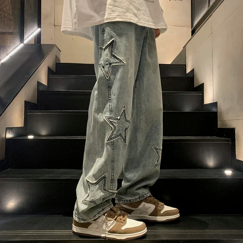 New Star Embroidery CasualJeans Men's Gothic Straight Wide Legs Pants Hip-hop Fashion