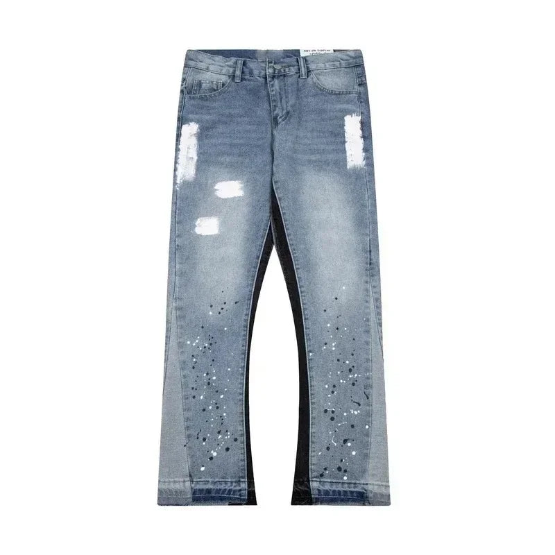American retro jeans YK2 blue embroidery, hip-hop wide-leg jeans streetwear