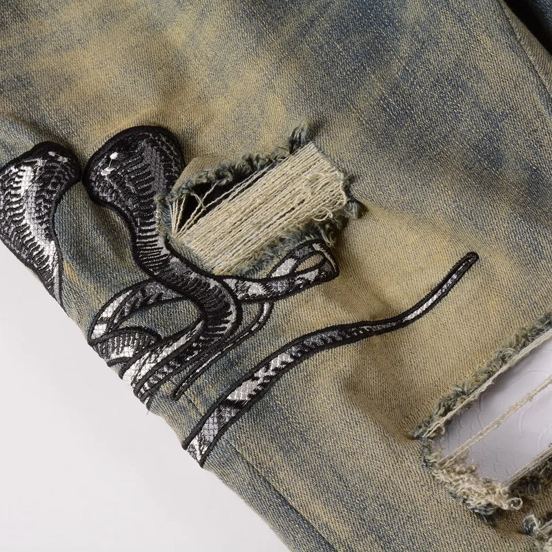 Denim Jeans Vintage Blue Snakeskin Leather Patch Stretch Pants Skinny Tapered Trousers
