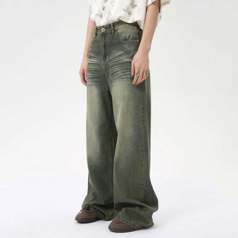 Men's Straight Denim Pants American Style Casual Worn-out Design