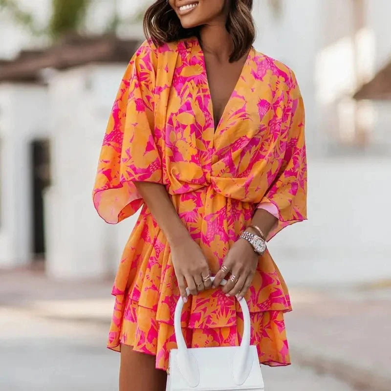 Female Ruffle Beach Party Dress Vestidos Women Sexy V Neck Mini Dresses Summer