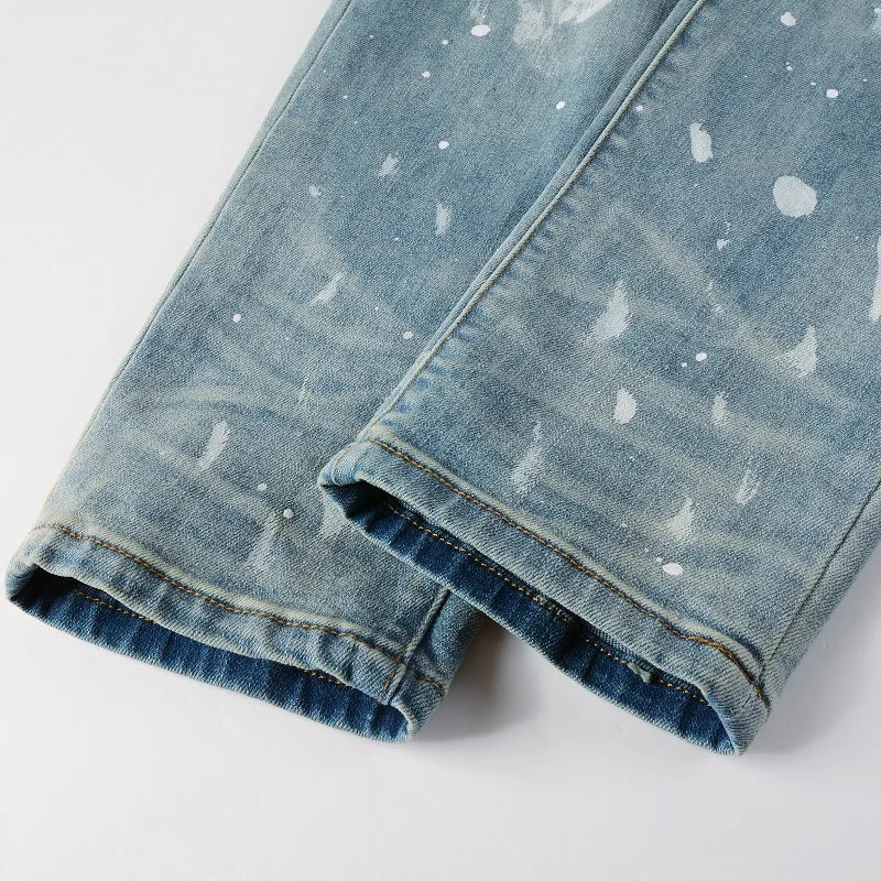 Denim Jeans Streetwear Distressed Painted Skinny Tapered Pants Vintage Trousers