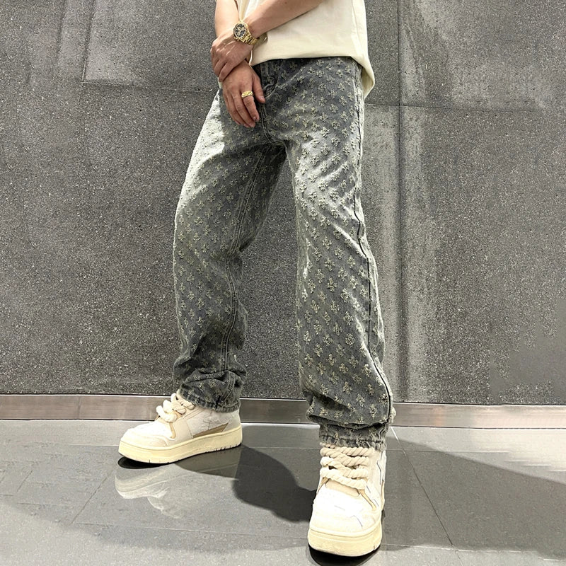 Jacquard Pattern Denim Pants Men Straight Fitting Jeans For Men