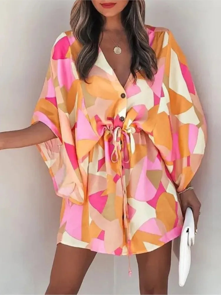 Summer Casual Dress Women Fashion Flying Sleeve V-neck Print Beach Party Dresses Elegant Lace Up Mini Dress Robe Femme
