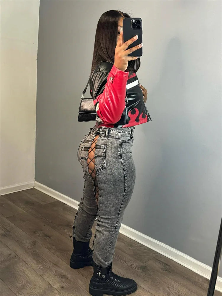 Street Leather Women's Jacket Red Turn Down Long Sleeve Pu Female Coats 2026 Vintage Zipper Outwears