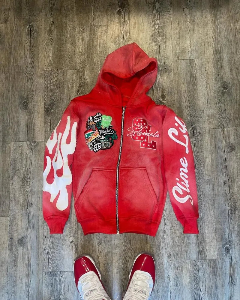 Oversized Zipper Hoodie Men Y2k Gothic Retro Letter Flame Embroidered Sweatshirt Jacket Men and Women