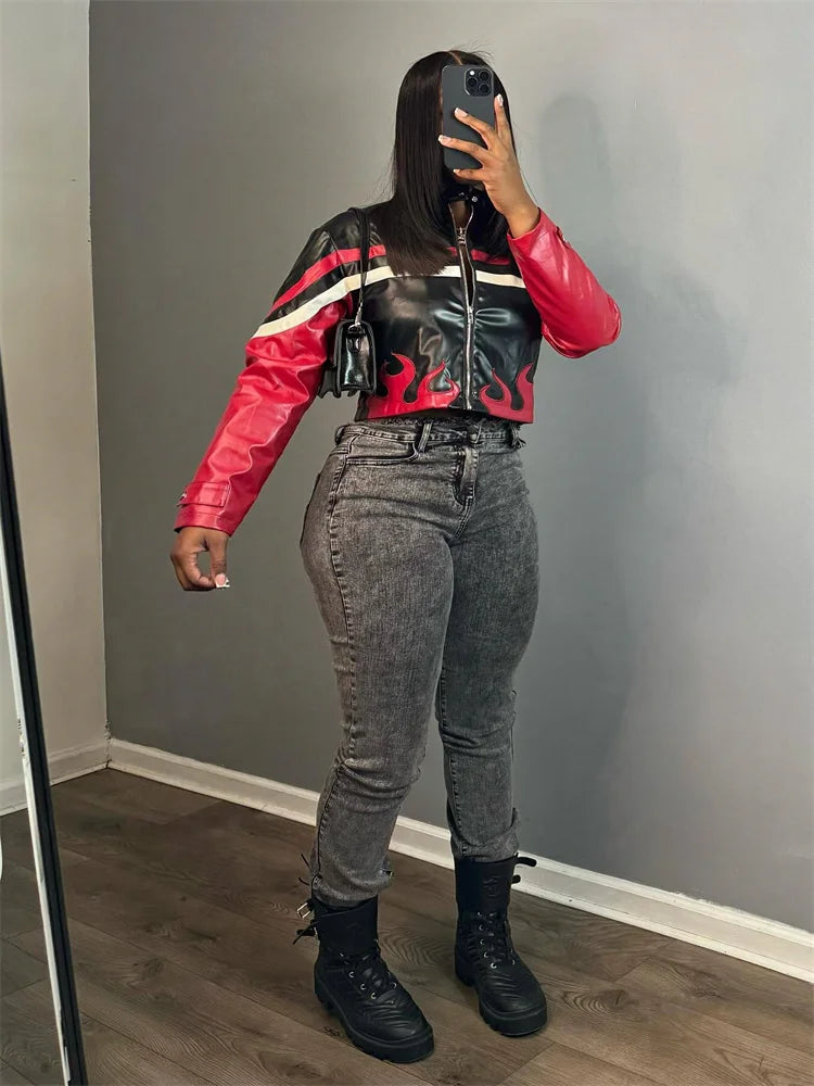 Street Leather Women's Jacket Red Turn Down Long Sleeve Pu Female Coats 2026 Vintage Zipper Outwears